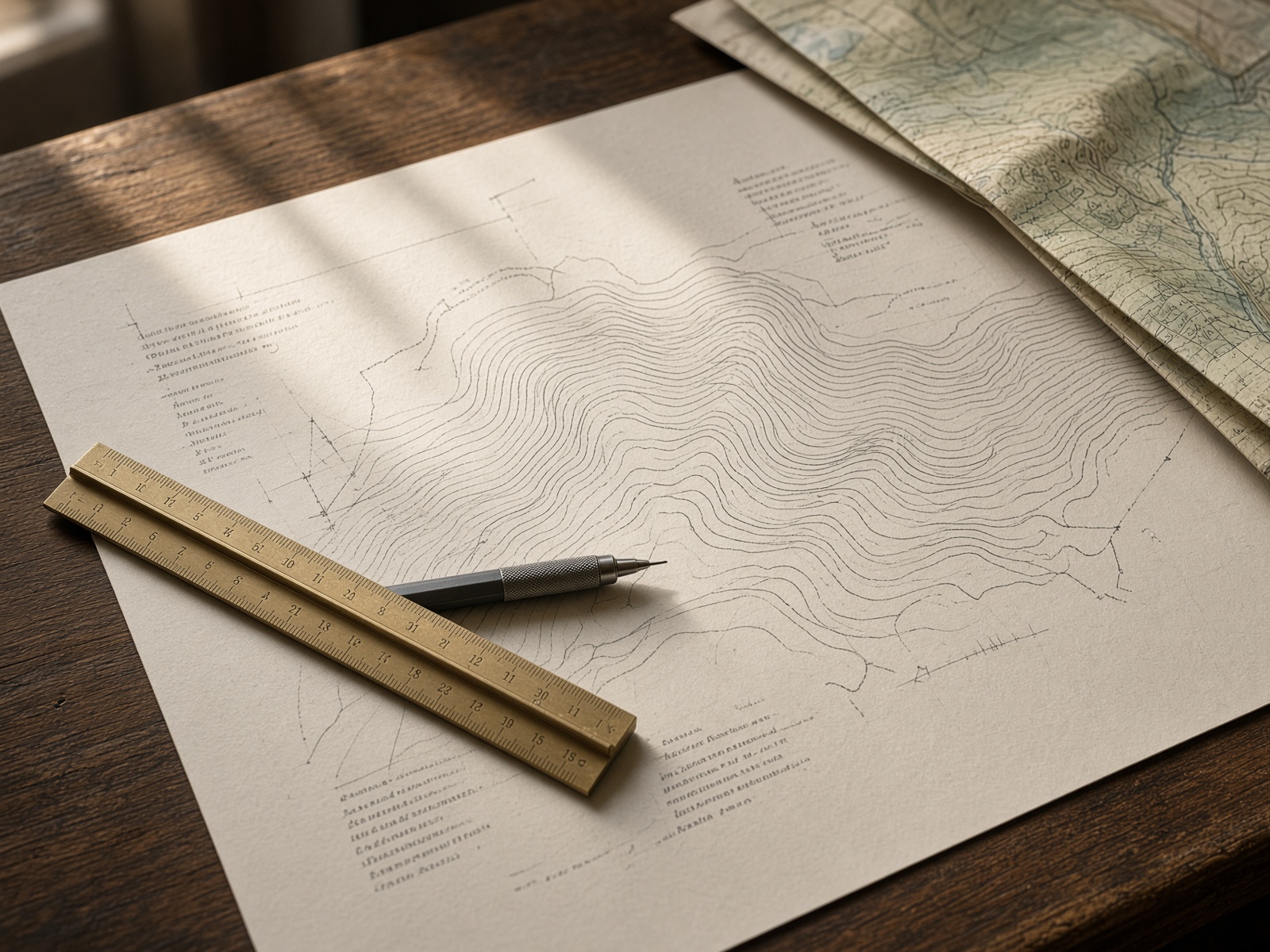 Civil grading plan, scale, and pencil on a drafting table
